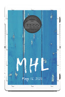Blue Distressed Fence Design With Custom Letter Bag Toss Game by BAGGO Baggo.com