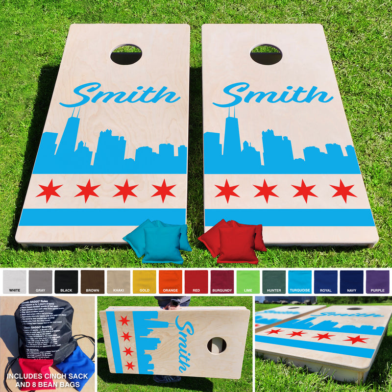 Chicago Custom Text Natural Skyline Pro Style Cornhole Bean Bag Toss Game 24x48 with 8 Regulation 16oz Bags