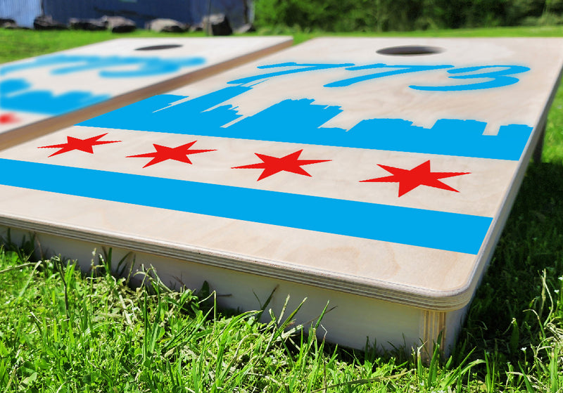 Chicago Area Code (Choose) Natural Skyline Pro Style Cornhole Bean Bag Toss Game 24x48 with 8 Regulation 16oz Bags