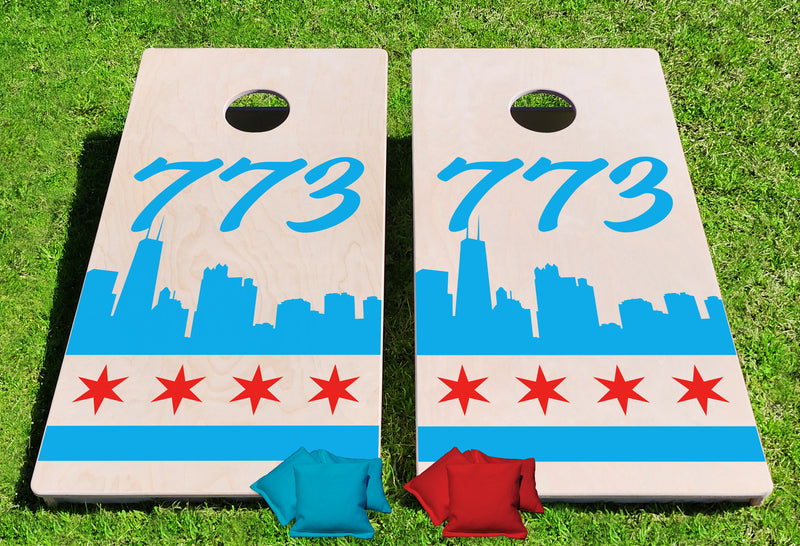 Chicago Area Code (Choose) Natural Skyline Pro Style Cornhole Bean Bag Toss Game 24x48 with 8 Regulation 16oz Bags