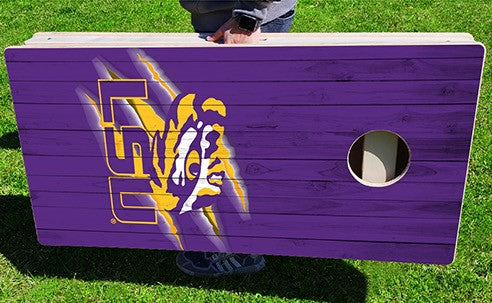 LSU Tigers Scratch Plank Pro Cornhole Bean Bag Toss Game 24x48 with 8 Regulation 16oz Bags