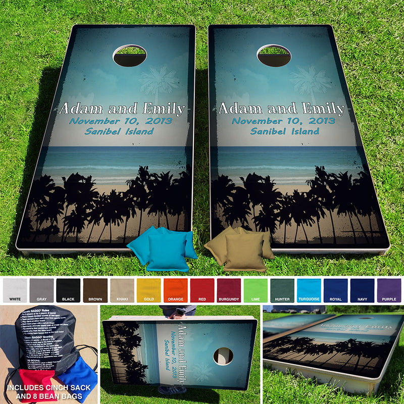 Beach Palms Wedding Pro Style Cornhole Bean Bag Toss Game 24x48 with 8 Regulation 16oz Bags Baggo.com