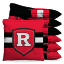Set of red and black Rutgers cornhole bags with a prominent 'R' logo on a white background