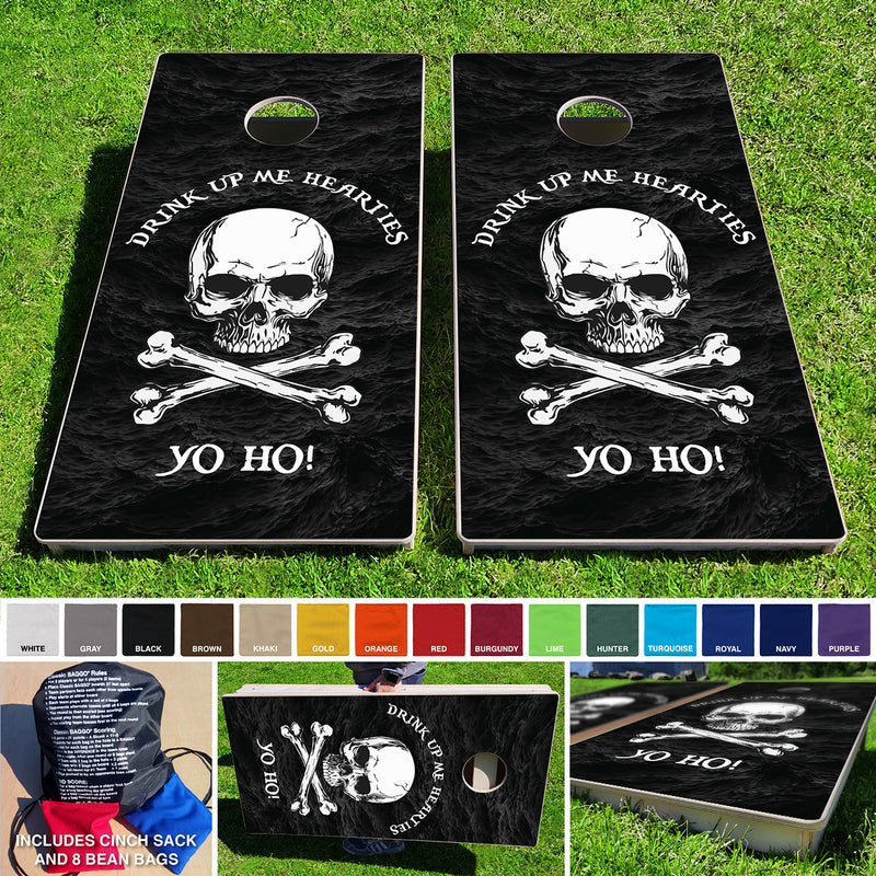 Pirate Skull & Bones Drink Up Yo Ho Pro Style Cornhole Bean Bag Toss Game 24x48 with 8 Regulation 16oz Bags