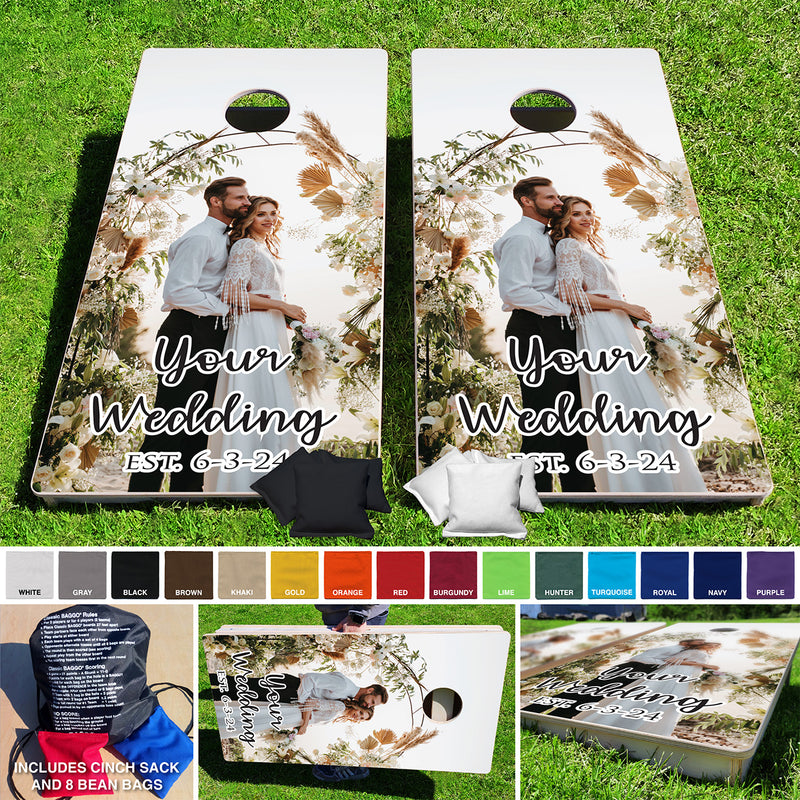 YOUR WEDDING PHOTO! Pro Style Cornhole Bean Bag Toss Game 24x48 with 8 Regulation 16oz Bags Baggo.com