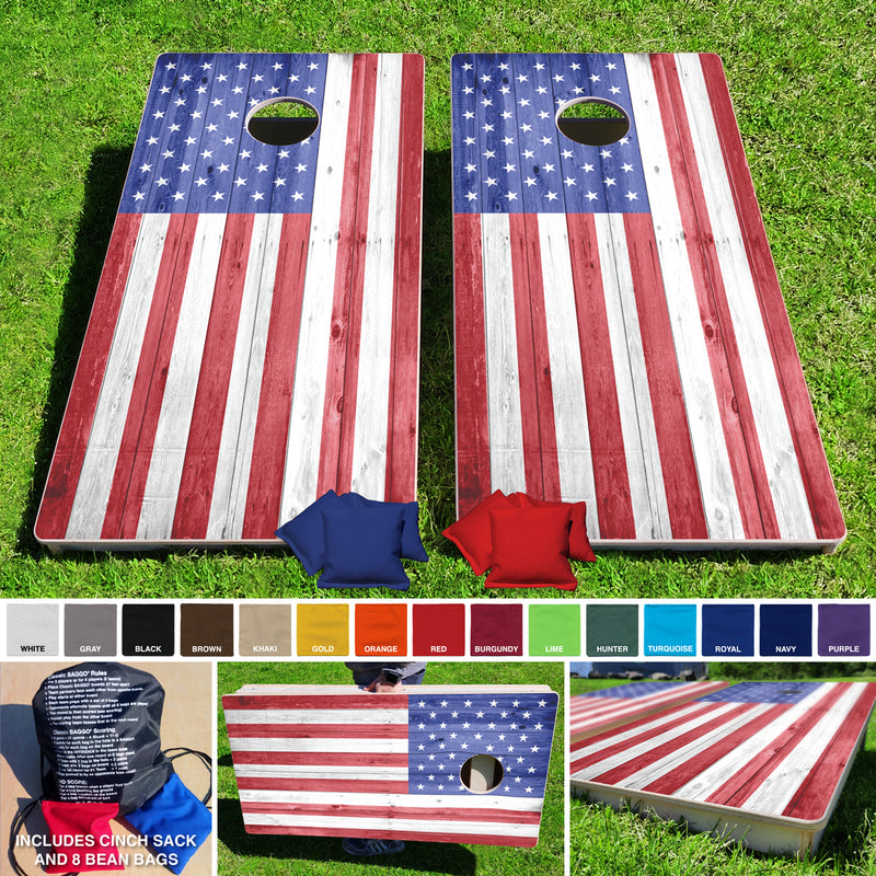 American Flag Wood Texture Pro Style Cornhole Bean Bag Toss Game 24x48 with 8 Regulation 16oz Bags