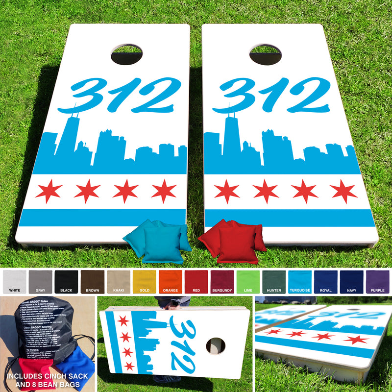Chicago Are Code (Choose) Skyline Pro Style Cornhole Bean Bag Toss Game 24x48 with 8 Regulation 16oz Bags
