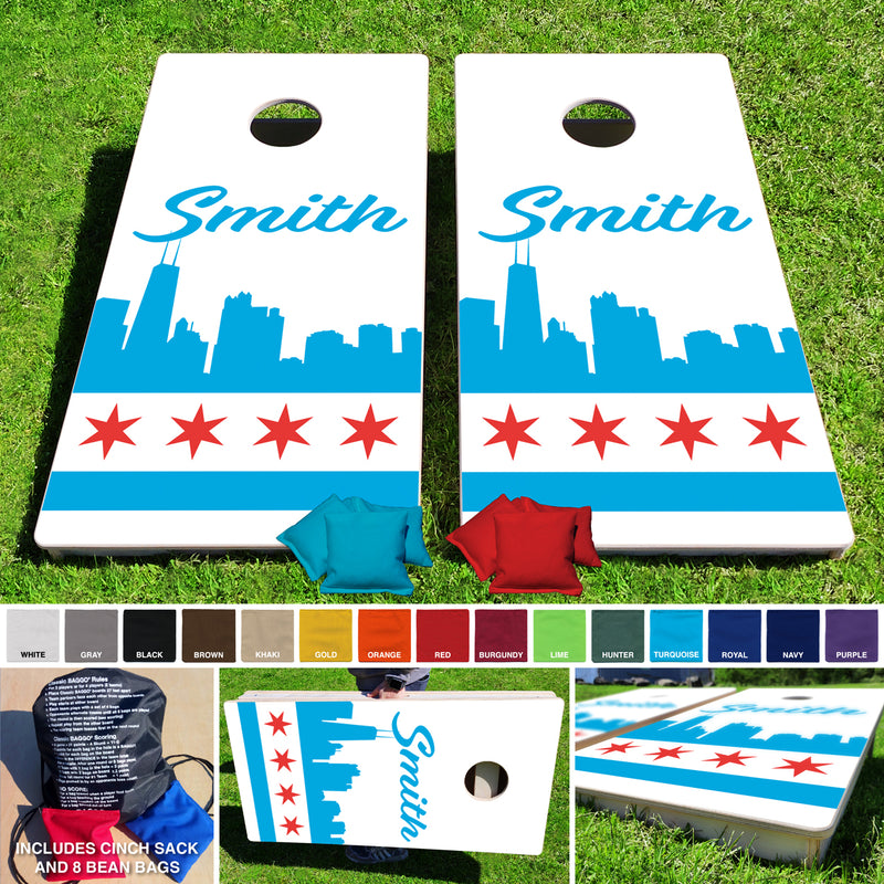 Chicago Custom Text Skyline Pro Style Cornhole Bean Bag Toss Game 24x48 with 8 Regulation 16oz Bags