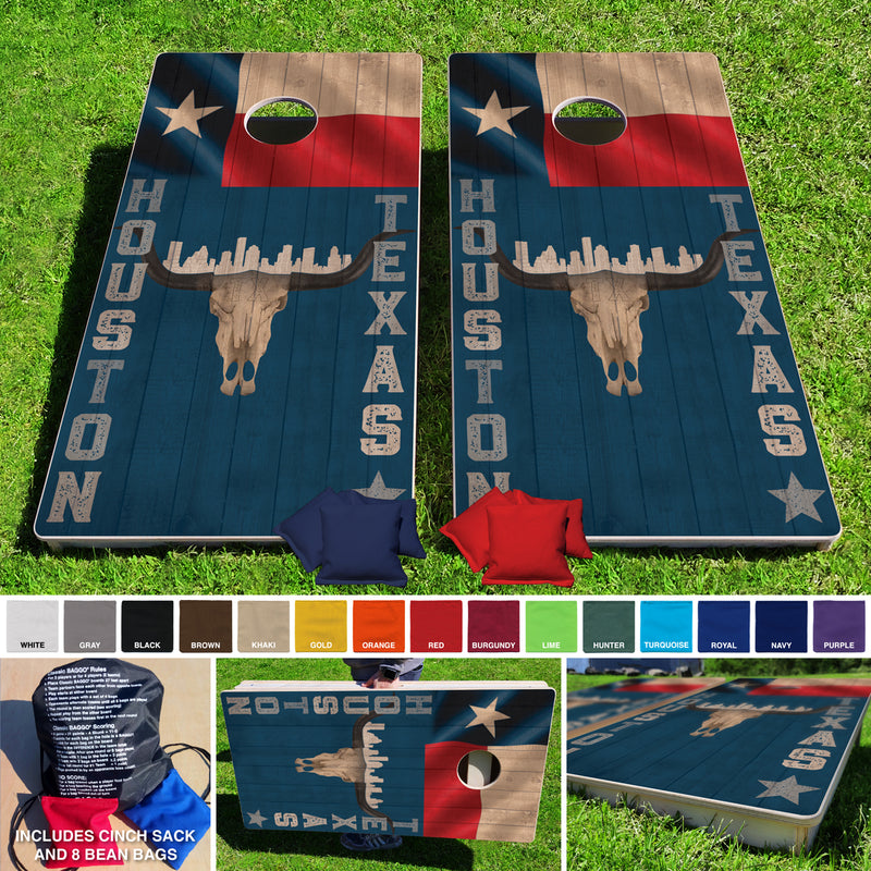 Houston Texas Skull & Flag Skyline Pro Style Cornhole Bean Bag Toss Game 24x48 with 8 Regulation 16oz Bags