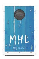 Blue Distressed Fence Design With Custom Letter Bag Toss Game by BAGGO
